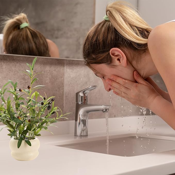 16 inch Fake Plants Indoor Greenery Leaf Faux Silk Olive Plant with Creamic Light Yellow Planter for Home Kitchen Office Hotel Housewarming Aesthetic Decoration