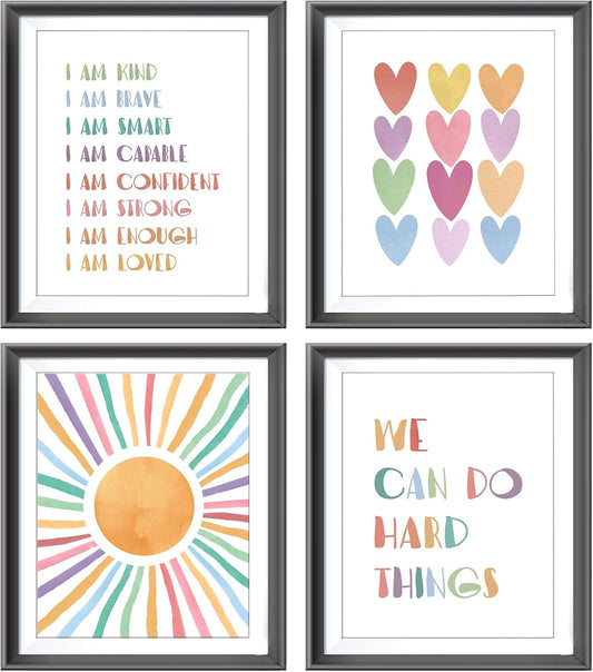 I am Kind Brave Smart Affirmations Colorful Sun Sunshine Hearts Poster Prints for Girls Kids Room Playroom Decor,Girl Nursery Decorations Prints Wall Art Unframed 4pcs 8x10inches,Girls Kids Gifts