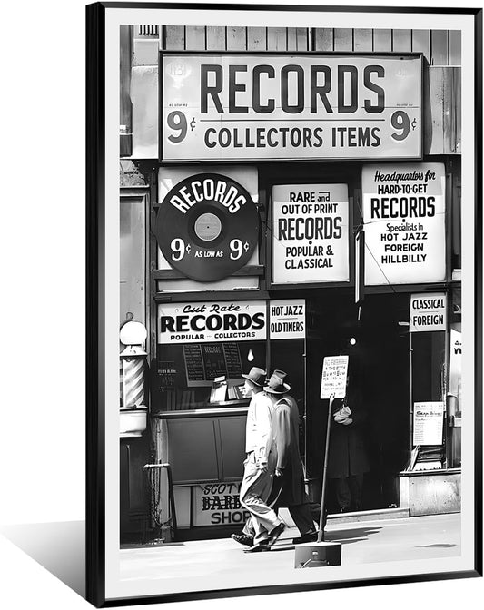 Fashion Black And White Photography Wall Art Vintage Preppy Record Shop Poster Retro Trendy Music Art Aesthetic Canvas Print for Music Lovers Gifts 24x36in BlackFramed