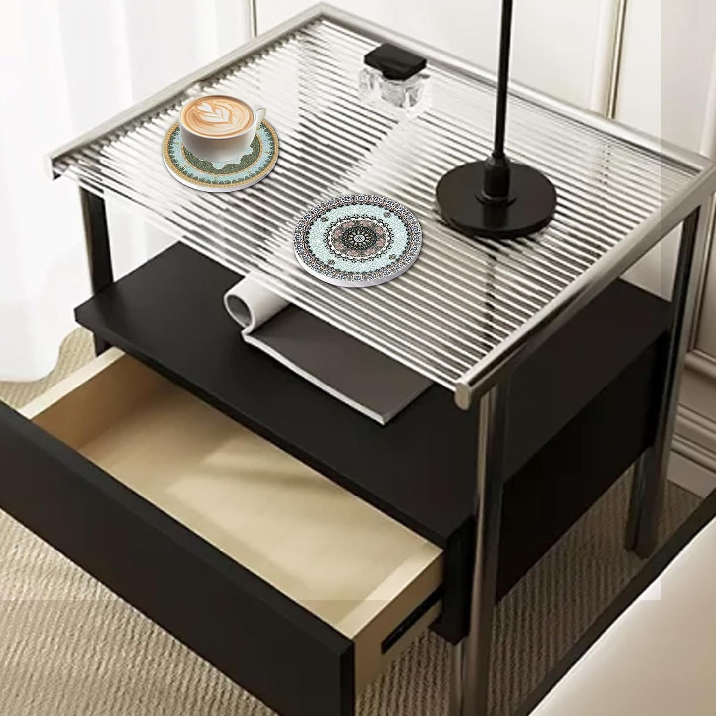 Coasters Absorbent Ceramic Coaster Drink Coasters with Cork Back Persian Pattern Set of 6 Round Coaster Non Slip for Coffee Table Wine Glass Home Bar 4 Inch, Colorful