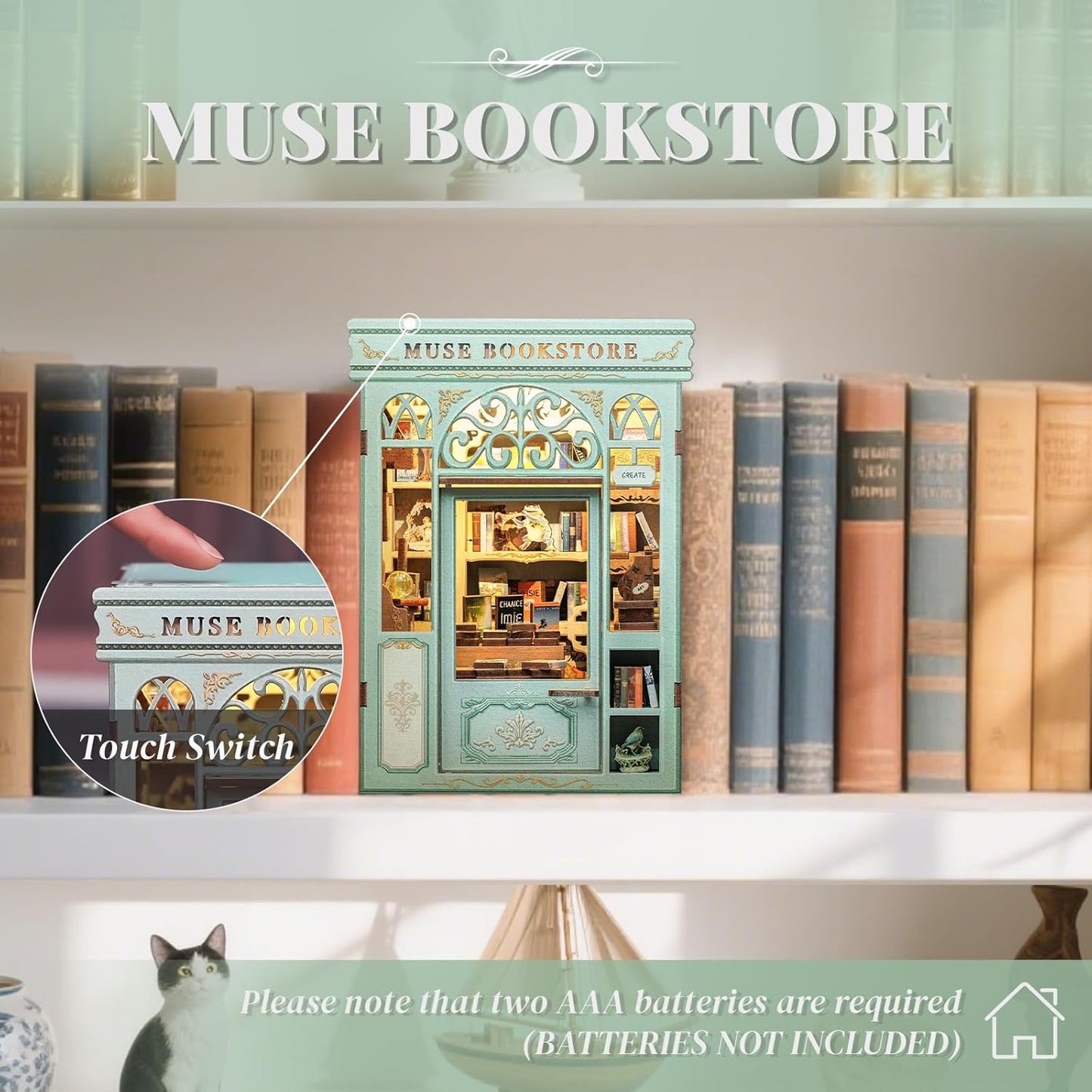 Cutefun Book Nook Kit - DIY Miniature Dollhouse Kit 3D Creative Decorative Bookend 3D Wooden Puzzle for Adults, Bookshelf Insert Library Decor with LED Light (Muse Bookstore)