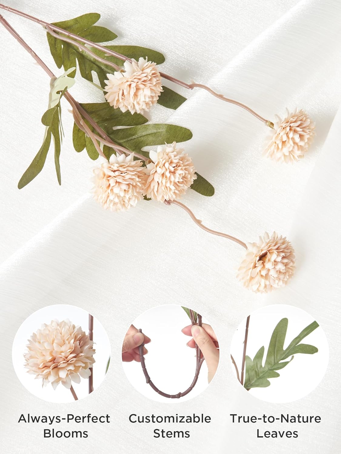 InnoGear Silk Flowers Pompon Mums Artificial Flowers, 10pcs 50 Heads Fake Mini Chrysanthemums with Long Stems Bulk Faux Kiku Flower for Decoration Memorial DIY Wedding Bouquets Centerpieces, Beige