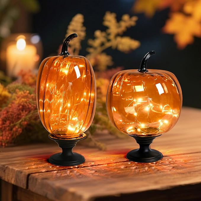 2 Pcs Glass Pumpkin Lights with Pedestal Fall Decor Pumpkins Decoration LED Lighted Collectible Thanksgiving Autumn Harvest Figurine Fall Halloween Decorations for Home Tables Centerpieces Decorative