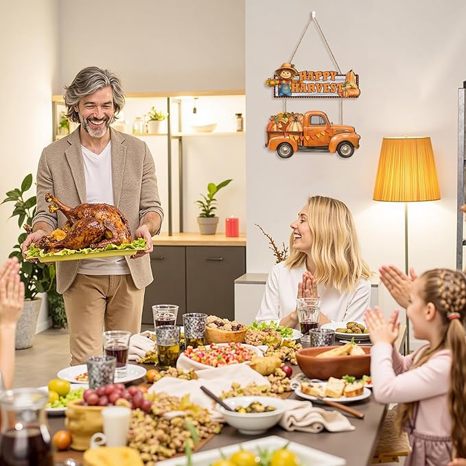 Happy Harvest Door Sign,Happy Thanksgiving Wooden Sign,Fall Truck Decor,Autumn Harvest Wall Plaque,Scarecrow Wall Hanging Sign,Pumpkin Front Door Hanger for Farmhouse Home Indoor Outdoor Yard