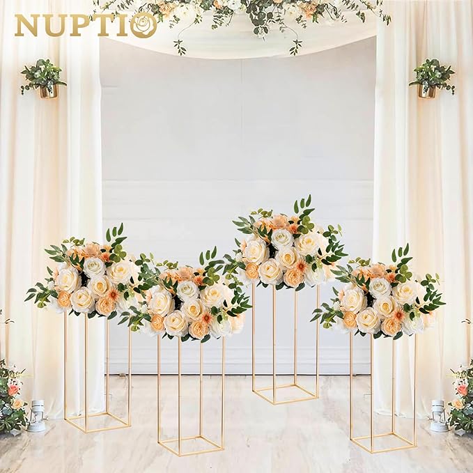 Nuptio Wedding Centerpieces Gold Vases: 10 Pcs 23⅝ inch Tall Flower Stand Metal Floor Vase Column Geometric Centerpiece Stands Rectangular Display Rack for Weddings Party Decoration