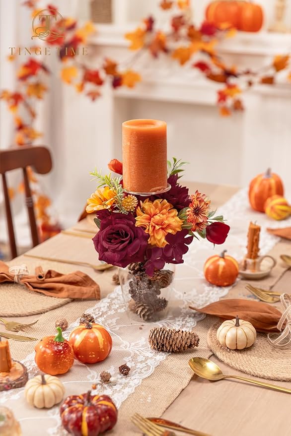 TINGE TIME Silk Fake Flowers Combo, Fake Foam Dahlia with Stems for DIY Wedding Bouquets Centerpieces Baby Shower Party Home Decorations(Burgundy & Burnt Orange)