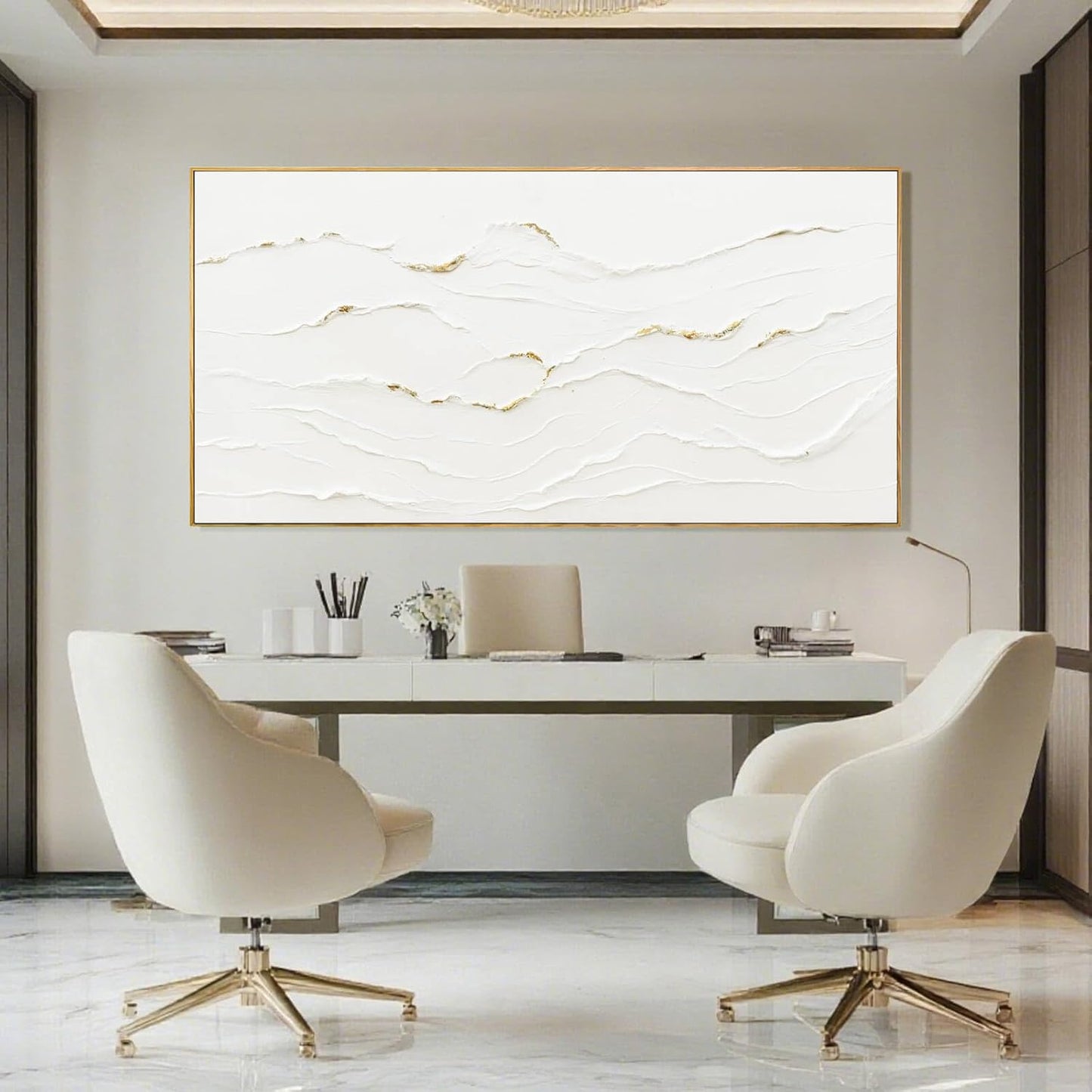Minimalist White and Gold Line Artwork with Frame Hand Painted Abstract Canvas Wave Wall Art for Bedroom Living Room Office 24"x48"