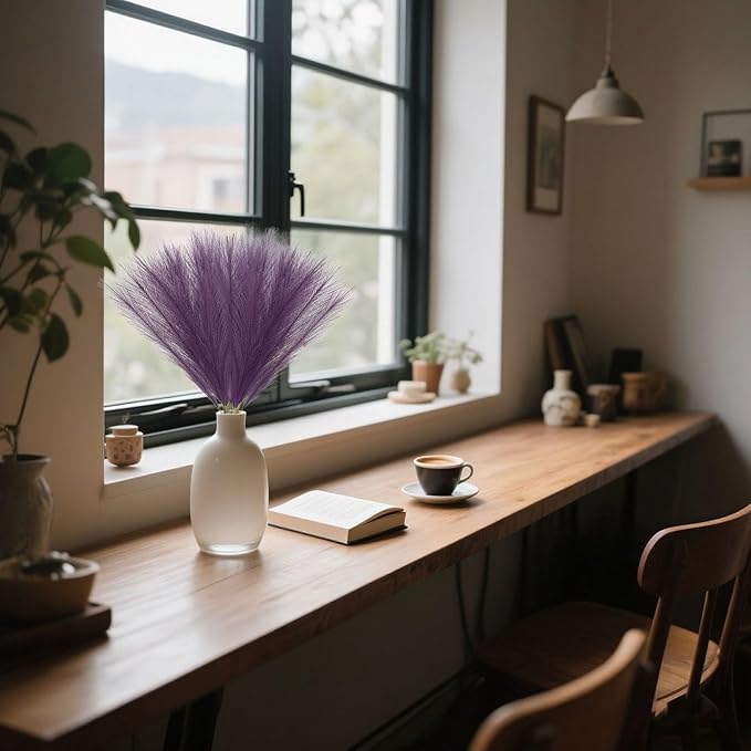 30 Pcs Deep Purple Faux Pampas Grass, 17 Inches Artificial Pampas Grass Bulk, Short Fluffy Faux Pompas for Vase Filler, Home Boho, Wedding Anniversaries, Baby Shower Decoration