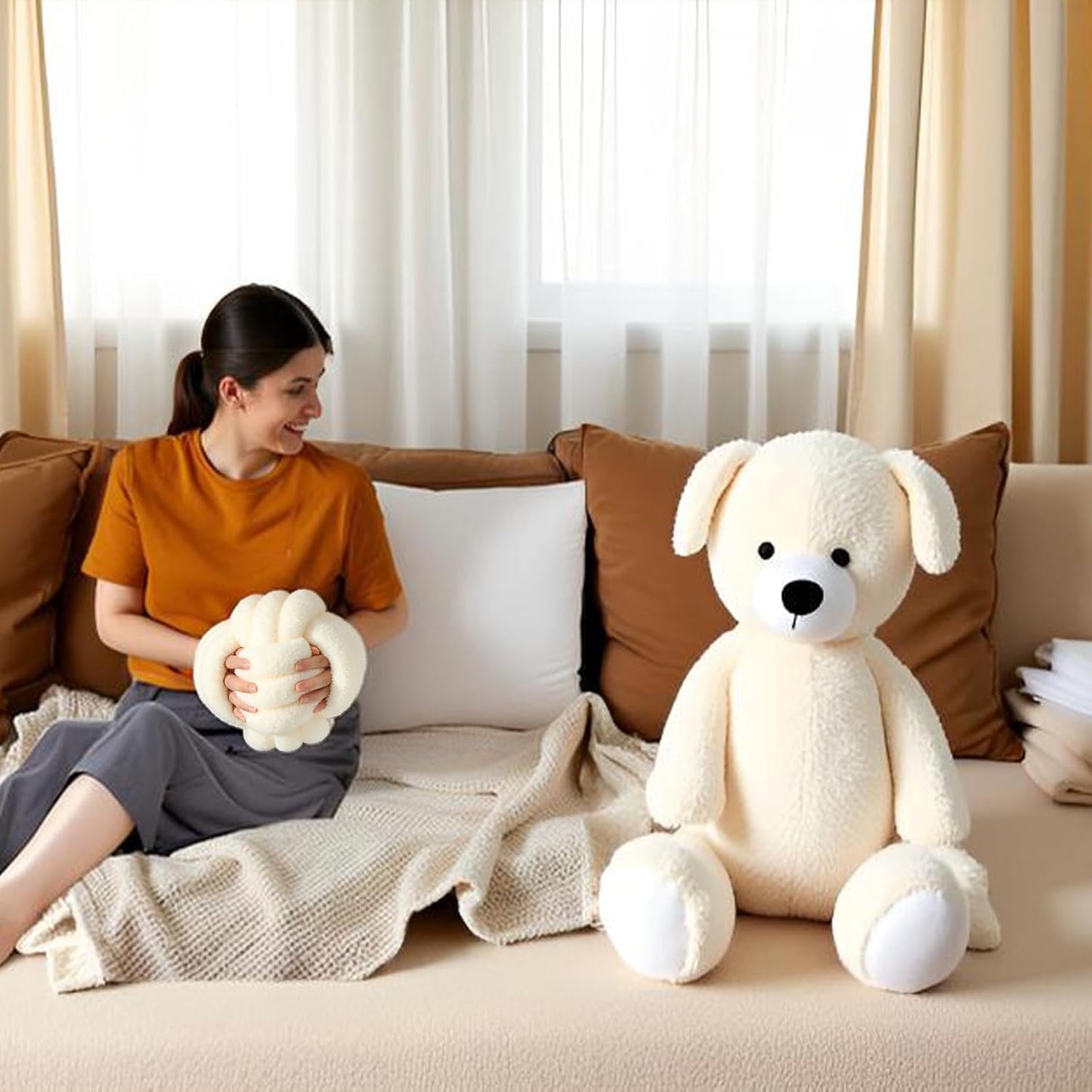 Knot Pillow Ball Plush - Decorative Throw Pillows for Bed Stress Relief, Round Knot Cushion for Sofa Decor Pet Toy, Cream 8 inch