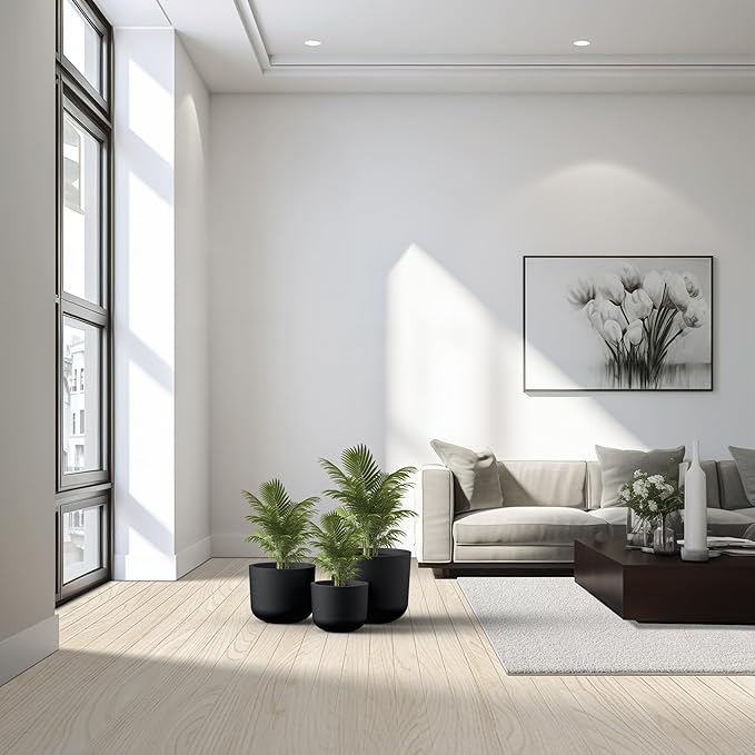 Kante 13",11",9" Dia Black Round Planters (Set of 3), Outdoor Indoor Modern Planter Pots, Lightweight, Weather Resistant, Seamless with Drainage Hole