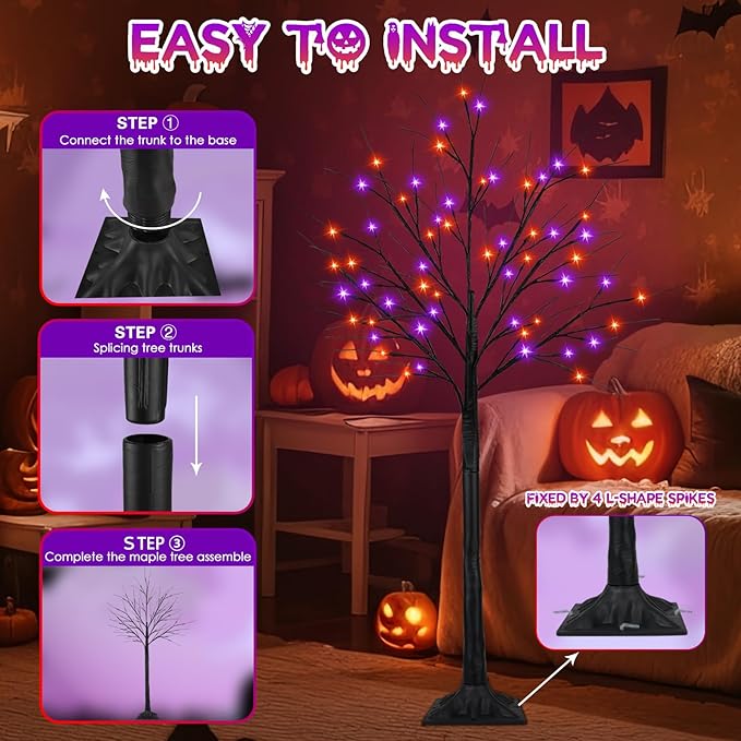 3-Pack 4FT 5FT 6FT Lighted Black Halloween Tree with Orange and Purple Lights (Higher Size and Floor Standing), Halloween Decorations Spooky Tree with Timer for Indoor Outdoor, Home Holiday Party