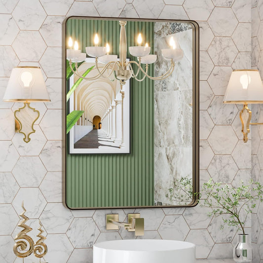 LOAAO 20”X30” Bronze Bathroom Mirrors for Vanity, Rounded Rectangle Brushed Bronze Metal Frame Mirror, Anti-Rust, Hangs Horizontally or Vertically