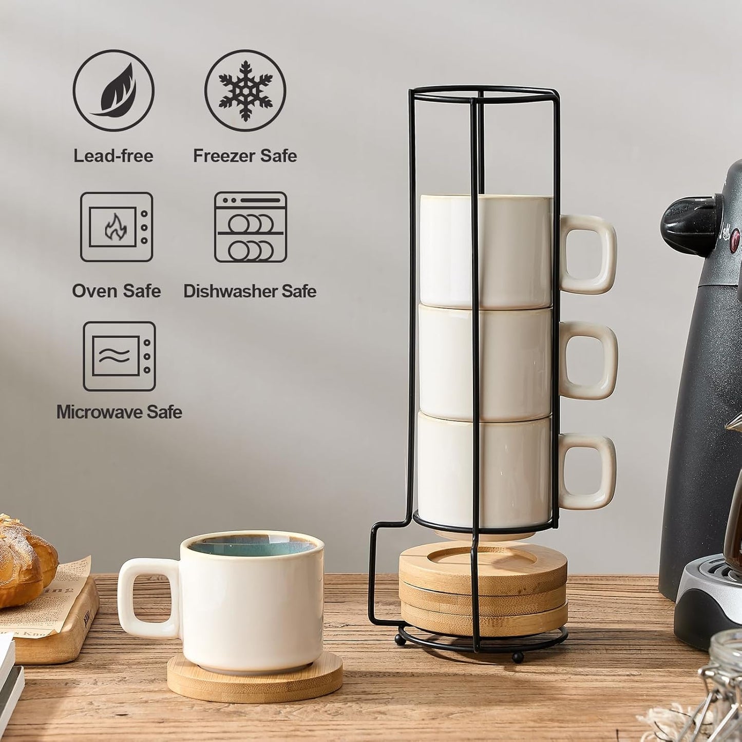 LUKA Porcelain Stackable Espresso Cups with Saucers and Metal Stand, 4 Ounce Small Ceramic Demitasse Cups Set for Latte, Specialty Coffee Drinks, Cafe Mocha,Tea - Set of 4, White Green Interior