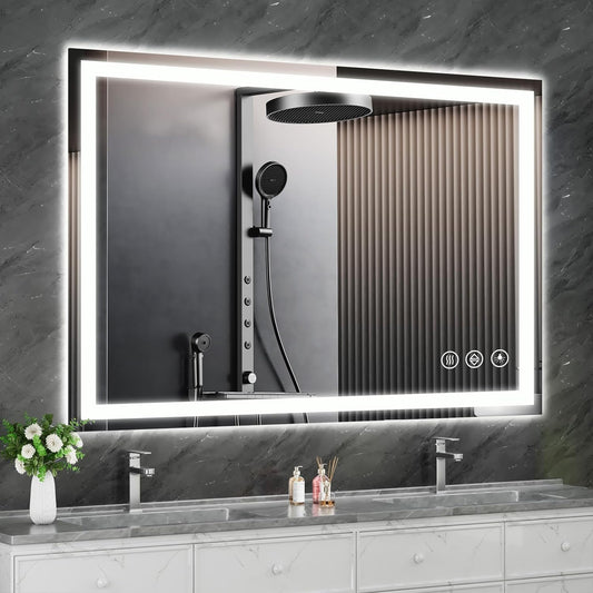 Koonmi 55"x30" LED Mirror for Bathroom, 90CRI Anti-Fog Vanity Mirror with Front and Backlight, Shatter-Proof Wall Mirror with Light, Easy Install Lighted Mirror for Modern Bathroom (IP65)