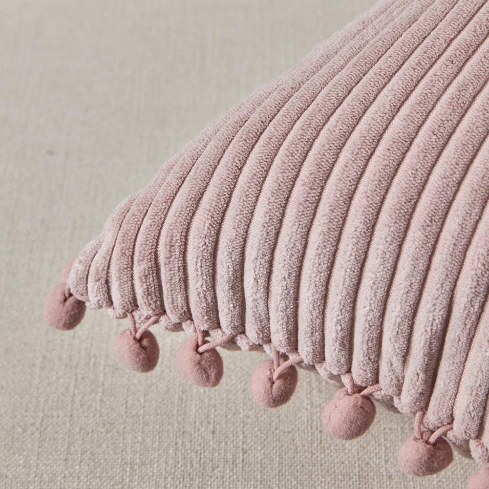 Fancy Homi Pack of 2 Euro Decorative Throw Pillow Covers with Pom-poms, Soft Corduroy Solid Square Cushion Cases Set for Couch Sofa Bedroom Car Living Room (24x24 Inch/60x60 cm, Blush Pink)