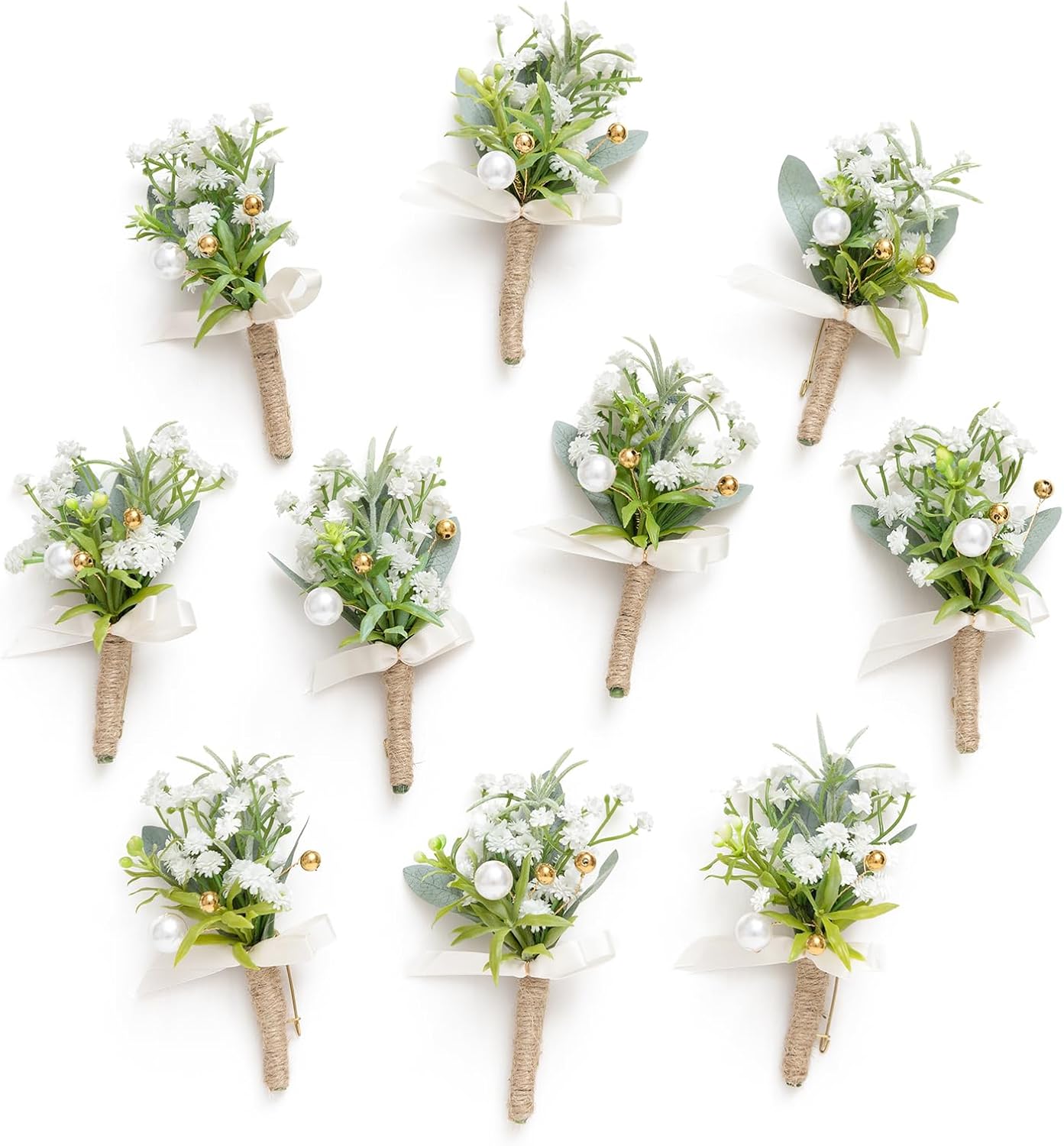 Ling's Moment Boutonniere for Men, 10pcs Groomsmen Guest Boutonniere, Artificial Flowers for Wedding Décor/Prom/Homecoming,etc.Baby Breath White Pearl