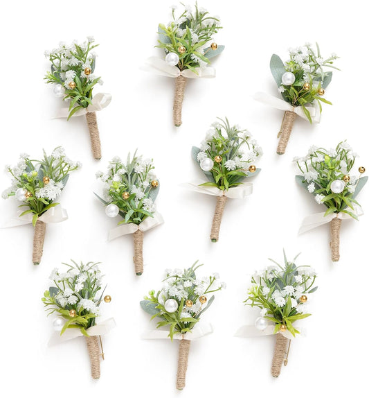 Ling's Moment Boutonniere for Men, 10pcs Groomsmen Guest Boutonniere, Artificial Flowers for Wedding Décor/Prom/Homecoming,etc.Baby Breath White Pearl