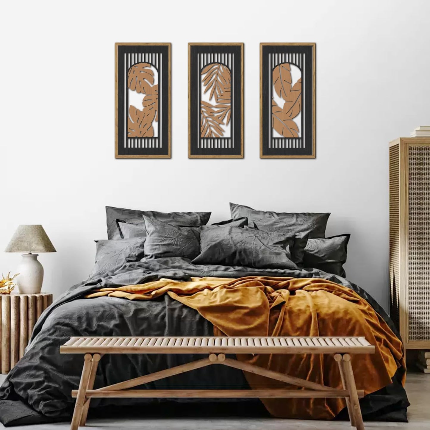 KAIRNE Rustic Tropical Wall Decor, Palm Leaf Wooden Sign for Bathroom, Vintage Leaf Plant Hanging Wood Plaque Rustic Wall Art Nature Picture for Living Room Decoration3 pcs(8x16Inch)