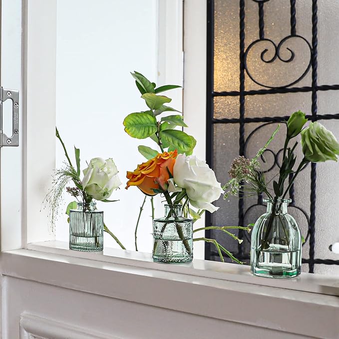 Green Glass Bud Vase Set of 22, Small Vases for Flowers, Clear Glass Vases for Centerpieces, Mini Bud Vases in Bulk Rustic Wedding Decorations, Centerpieces, Vintage Look Home Table Flower Decor