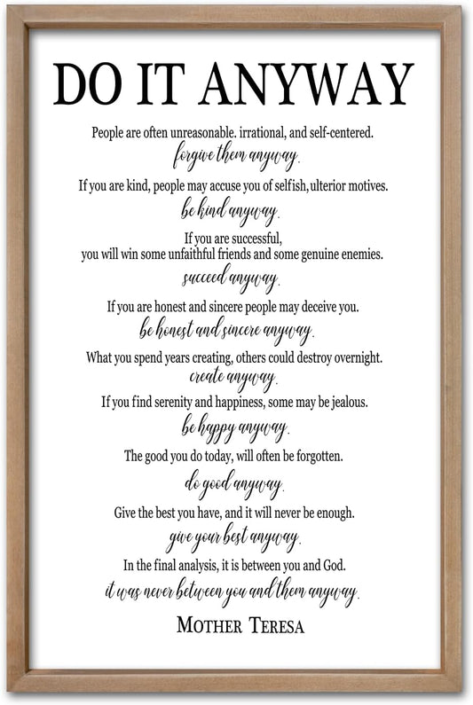 comurdyo Do It Anyway Wall Decor 24"x16" Mother Theresa Quotes Inspirational Sign Bible Verse Christian Motivational Modern Bedroom Vintage Wood Framed Farmhouse Wall Hanging Art (Wood)