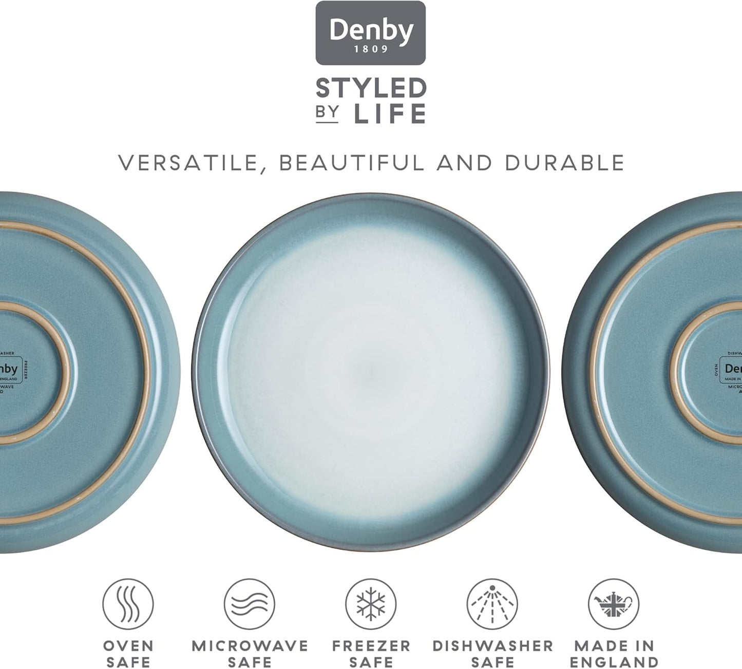 Denby - Azure Haze Coupe Salad Plates Set of 6-8.25 Inch - Dishwasher Microwave Oven Safe - Lunch, Dessert Plates - Reactive Blue Teal Glaze Ceramic Stoneware Dinnerware - Scratch Chip Resistant