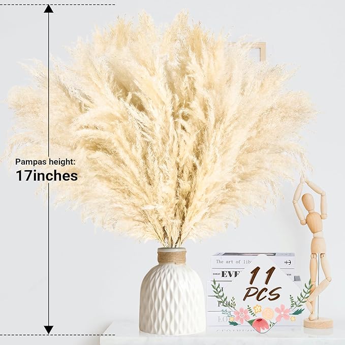 11 PCS 17inch Pampas Grass Small Decor-Natural Short Pampas Grass Bulk-Fluffy Beige Pompas Grass Floral for Small Boho vases,Boho Table Decor,Boho Bathroom Decor,Boho Room Decor