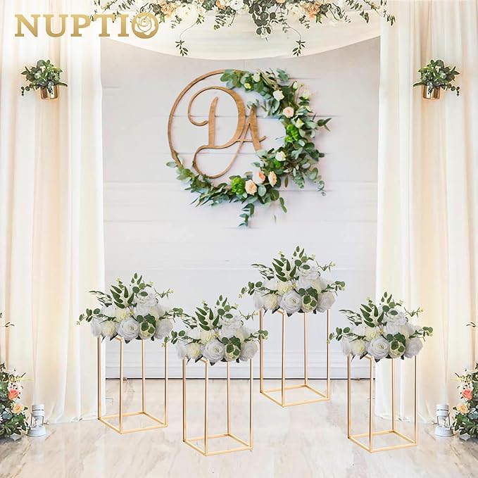 Nuptio 10 Pcs Gold Vase Metal Column Stand Road Lead Geometric Centerpiece Vase for Tables, 15¾ inch Tall Floor Vases Decorative Tall Flower Rack for Home Event Party Wedding Decorations for Reception