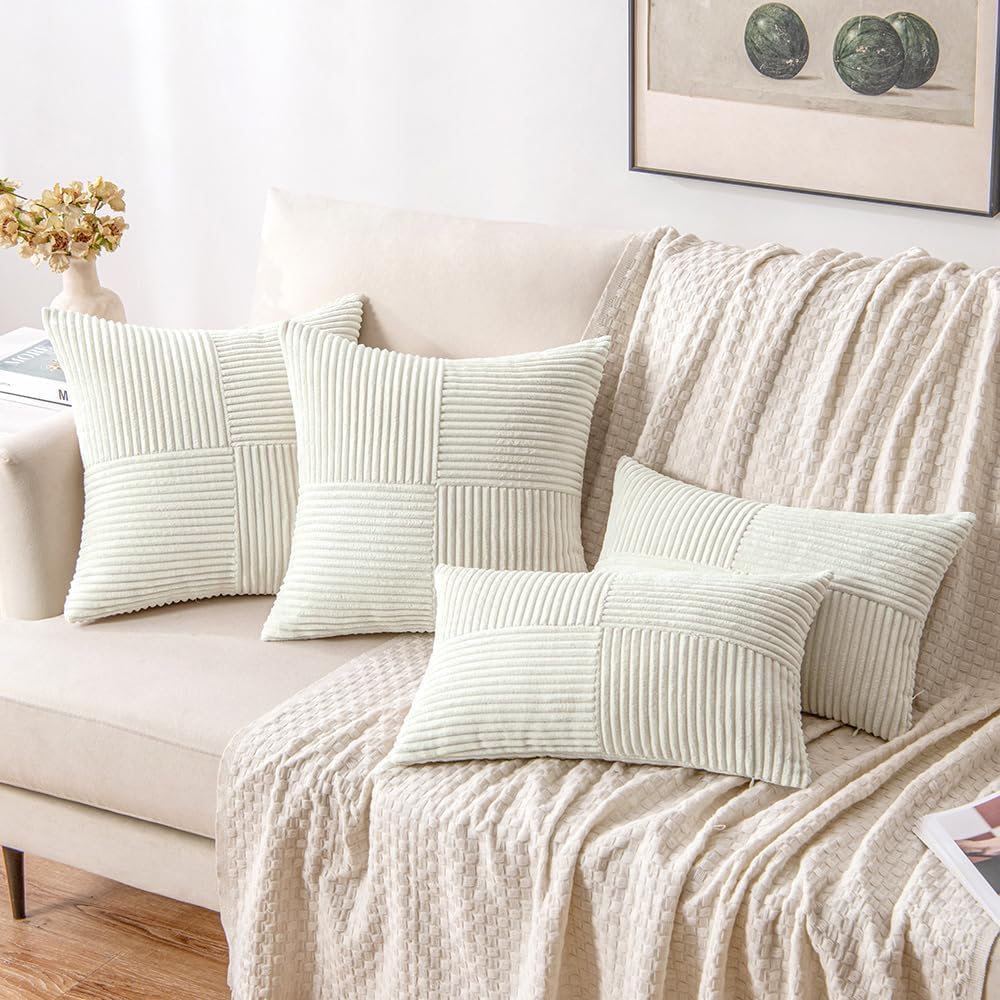 MIULEE 24x24 inch Euro White Corduroy Pillow Covers Pack of 2 Boho Decorative Spliced Throw Pillow Covers Soft Solid Couch Pillowcases Cross Patchwork Textured Cushion Covers for Living Room Bed Sofa