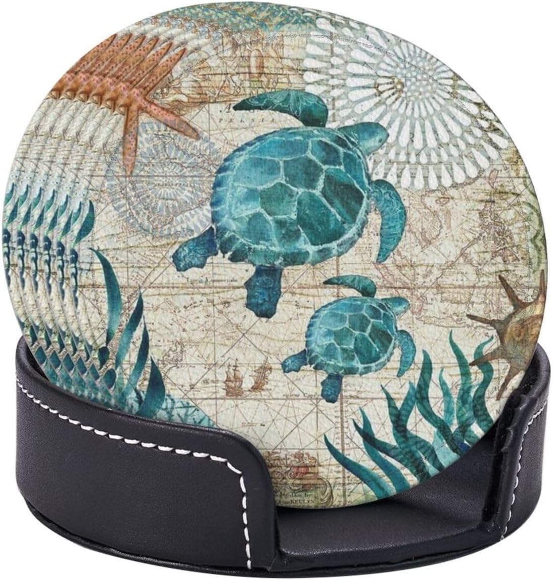 Drink Coasters with Holder Stand Set of 6, Sea Turtle Pu Leather Absorbent Coasters with Cork Base Table Coaster Round Coasters for Housewarming Apartment Kitchen Bar Decor