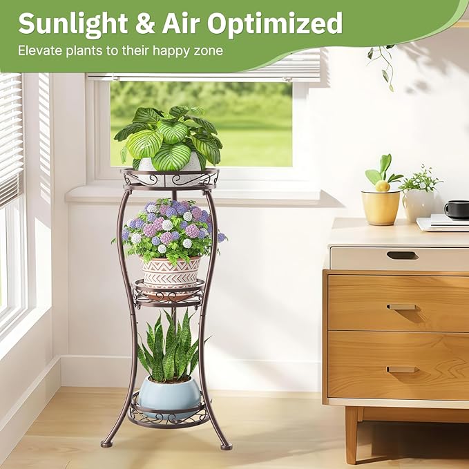 KMOTASUO 3 Tier Tall Plant Stand Indoor Outdoor for Large Planter, Multiple Level Flower Holder Organizer Rack for Patio Office Bathroom Corner, Sturdy Heavy Duty Metal, Vertical Display, Bronze