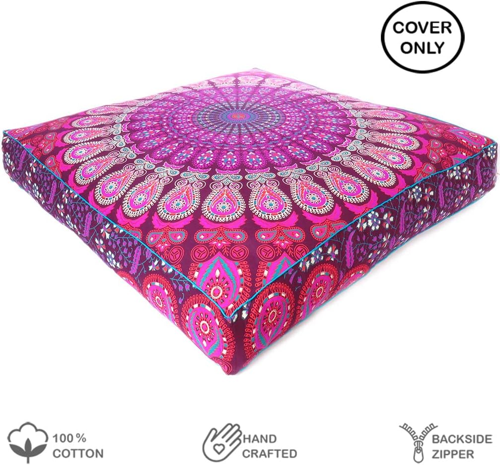 Eyes of India - Mandala Floor Pillow Cover Meditation Cushion Seating Throw Hippie Round Colorful Decorative Bohemian Indian Pouf Ottoman Handmade Cover ONLY (Purple 1, 35" x 35")