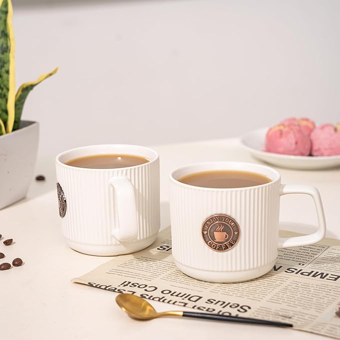 Topadorn Ceramic Coffee Mug 13 Oz Embossment Cups for Latte, Hot Tea, Cappuccino, Mocha, Cocoa, Office Coffee Mug with Gift Box, Set of 2