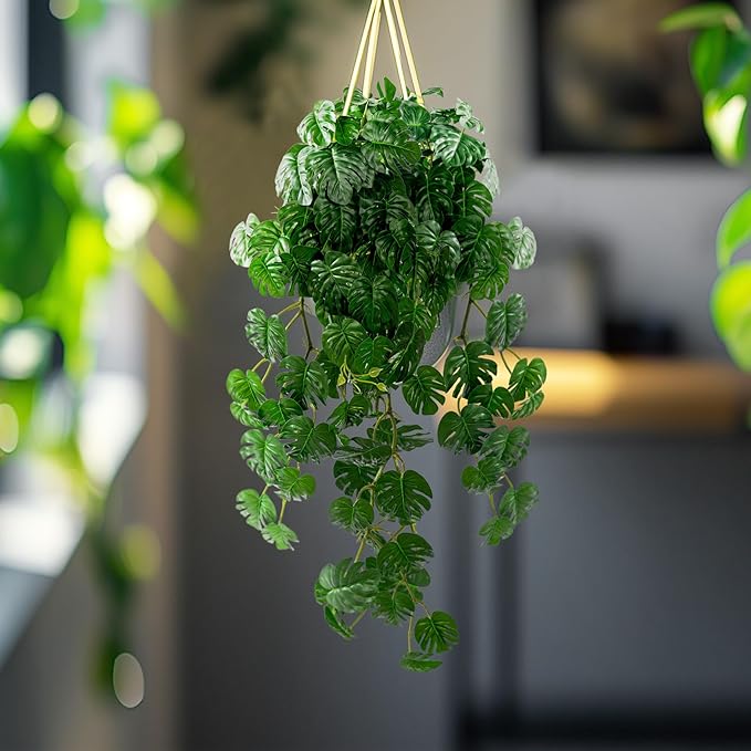 2 PCS Artificial Hanging Plants, Fake Hanging Monstera Leaves Ivy Vine Faux Greenery Tropical Palm Leaves Outdoor Hanging Plants Leaf Plant for Garden Home Decor
