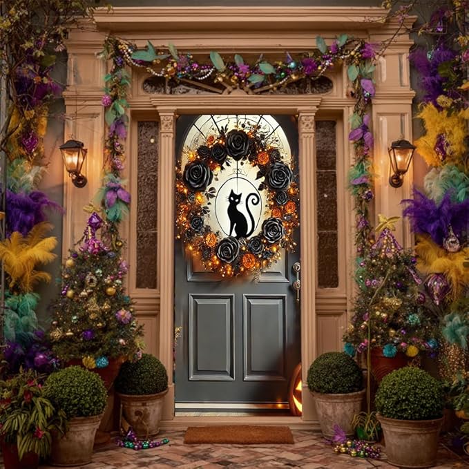 2D flat Halloween Pumpkin Black Cat Door Cover – Spooky Door Banner for October Front Porch Party, Christmas Themed Hanging Decorations for Indoor, 71x35 Inch