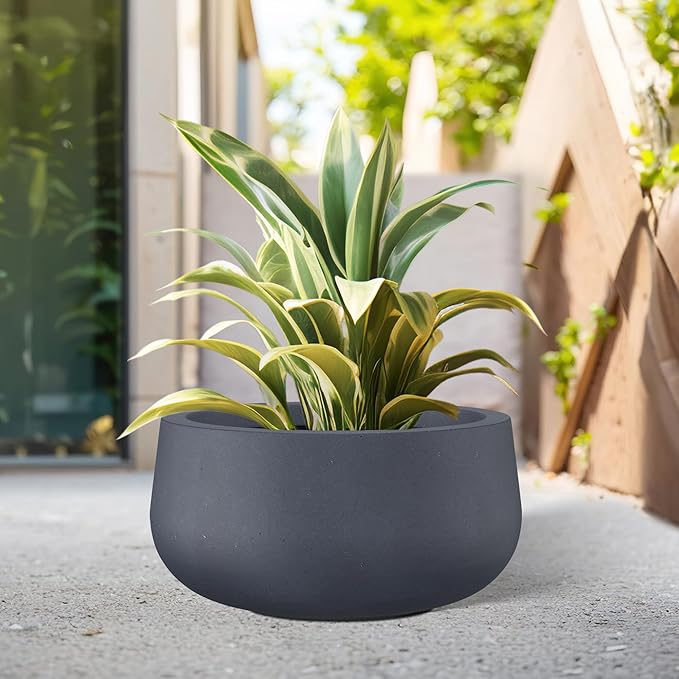 Kante 15.7" Dia Round Concrete Planter, Cement Plant Pots with Drainage Hole and Rubber Plug for Outdoor Indoor Garden Home, Modern Curvaceous Design, Dark Gray