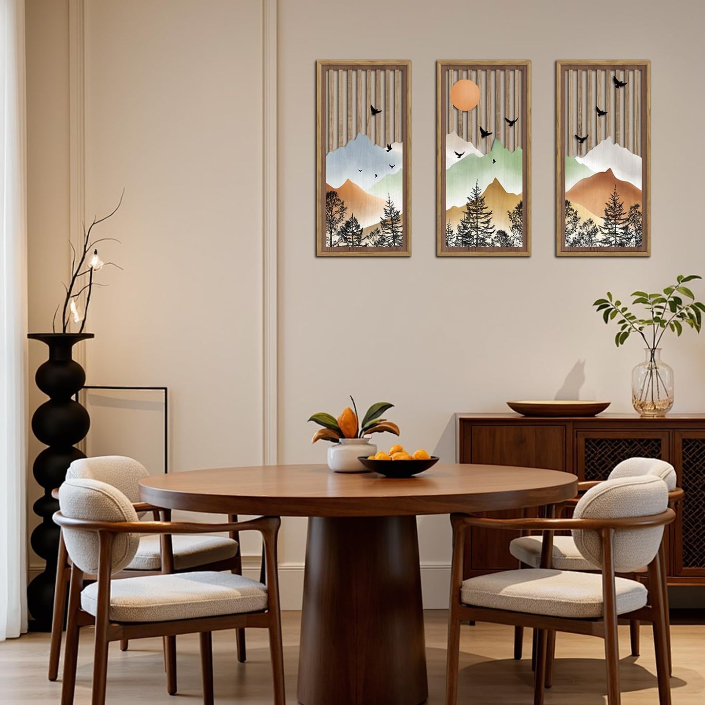 KAIRNE Landscape Wooden Wall Art,Mountain Wall Decor Set or 3(16”X8”),Forest Bird Wood Hanging Decor,Nature Scene Artwork,Vintage Farmhouse Wall Art for Bedroom Living Room Office Decoration,Framed