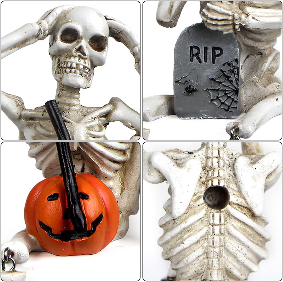 Halloween Skeleton Stalue Set of 3, Gothic Decoration of Skull with Pumpkinand Tombstone, See Speak Hear No Evil Statues Home Decor