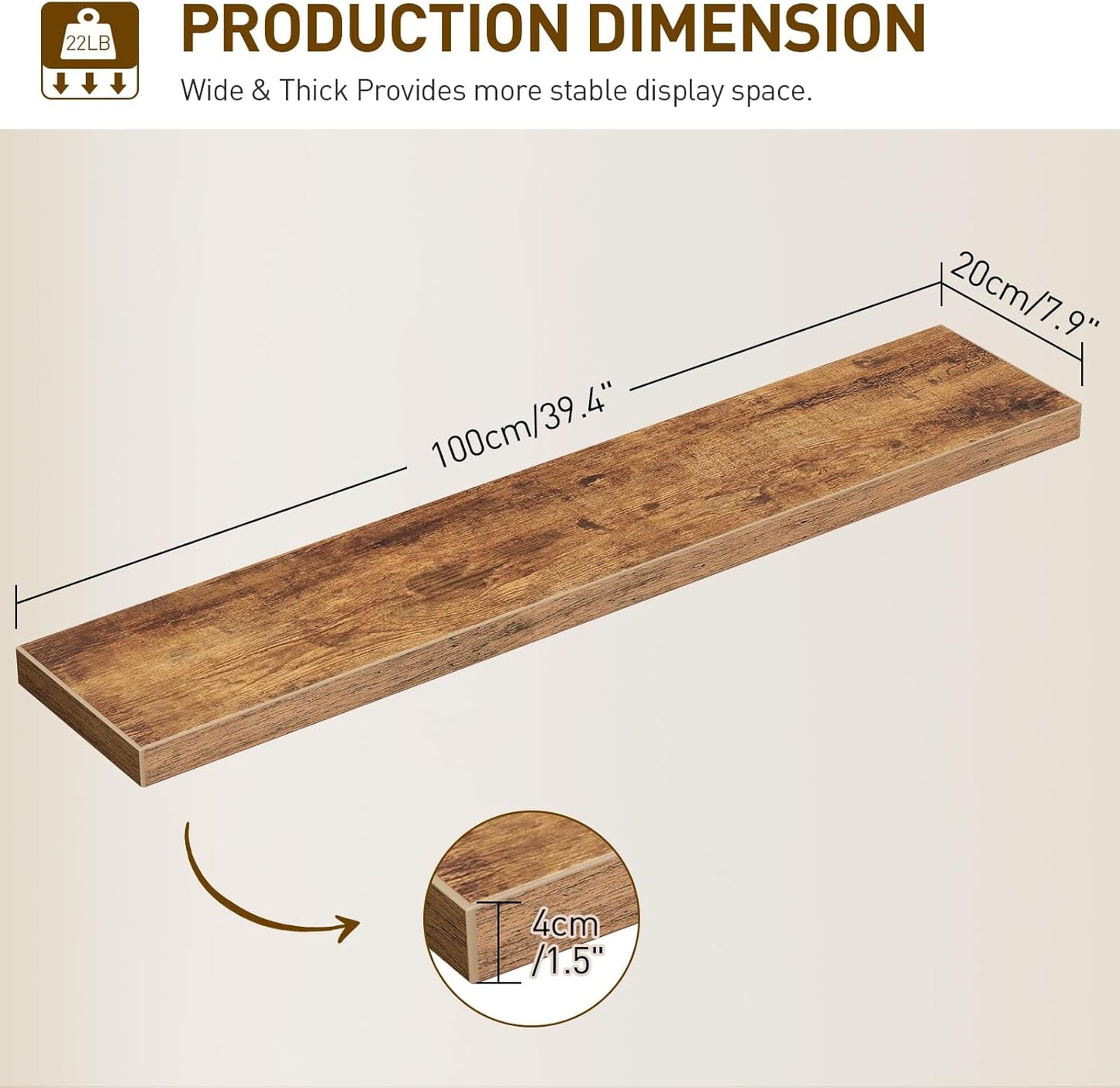 Floating Shelves for Wall, 1.5" Thick Wall Shelf Set of 3 with Invisible Bracket, L39.4 x W7.9 Hanging Shelves Farmhouse Home Decor for Bathroom, Living Room, Bedroom Rustic Brown 10301BJP3BF