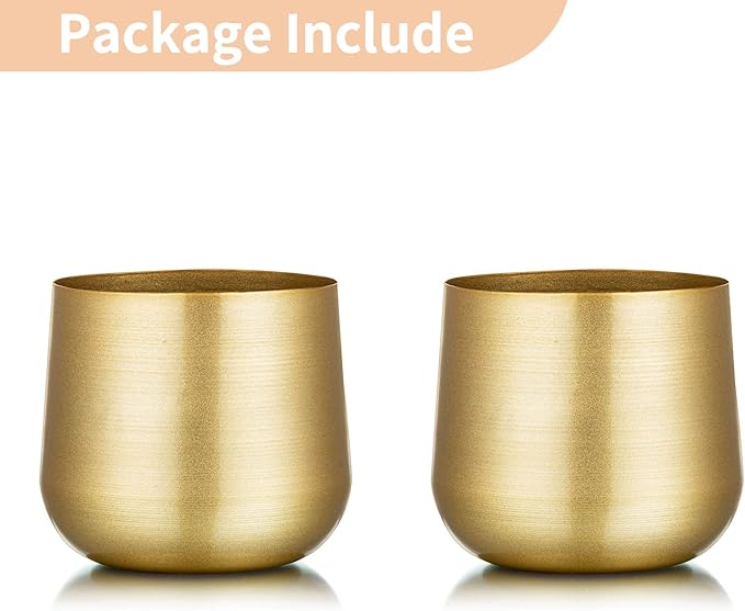 Nuptio 2 Pcs Plant Pot Gold Vase Metal Flower Pot Vase with Drainage Hole, Modern Storage Organizer Decorative Gifts for Wedding Indoor Outdoor Living Room Balcony Decoration Floor Display