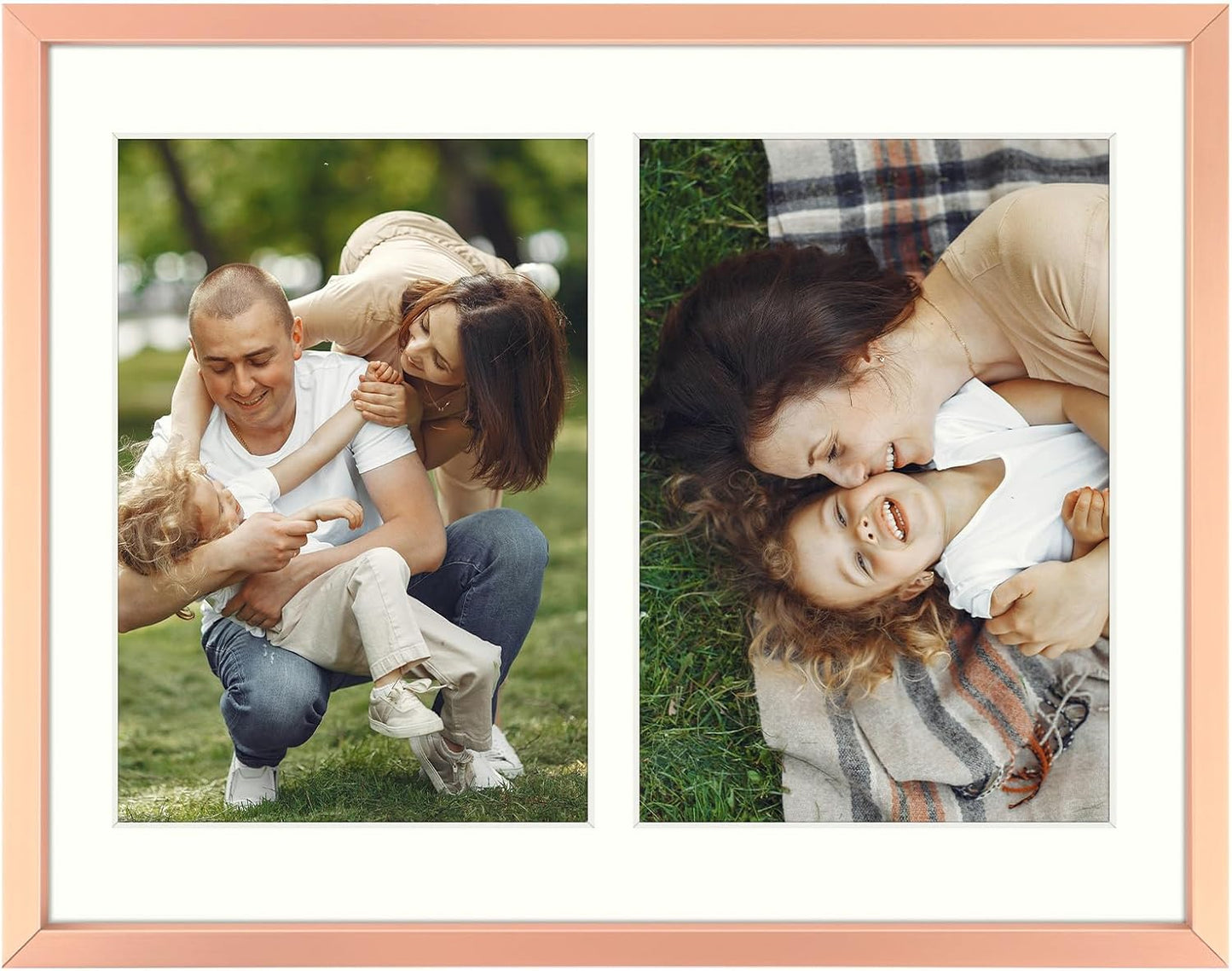 Frametory - 8.5x11 Aluminum Collage Picture Frame - Display 5x7 Pictures with 2 Openings Mat - Real Glass Front - with Easel Stand for Horizontal/Vertical Wall Mount - Rose Gold 1 Pack