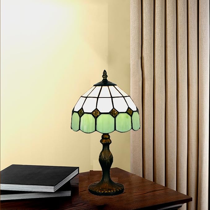 Tiffany Table Lamp 8'', Green Tiffany Style Table Lamp for Bedroom Study Office Home Stained Glass Lamp