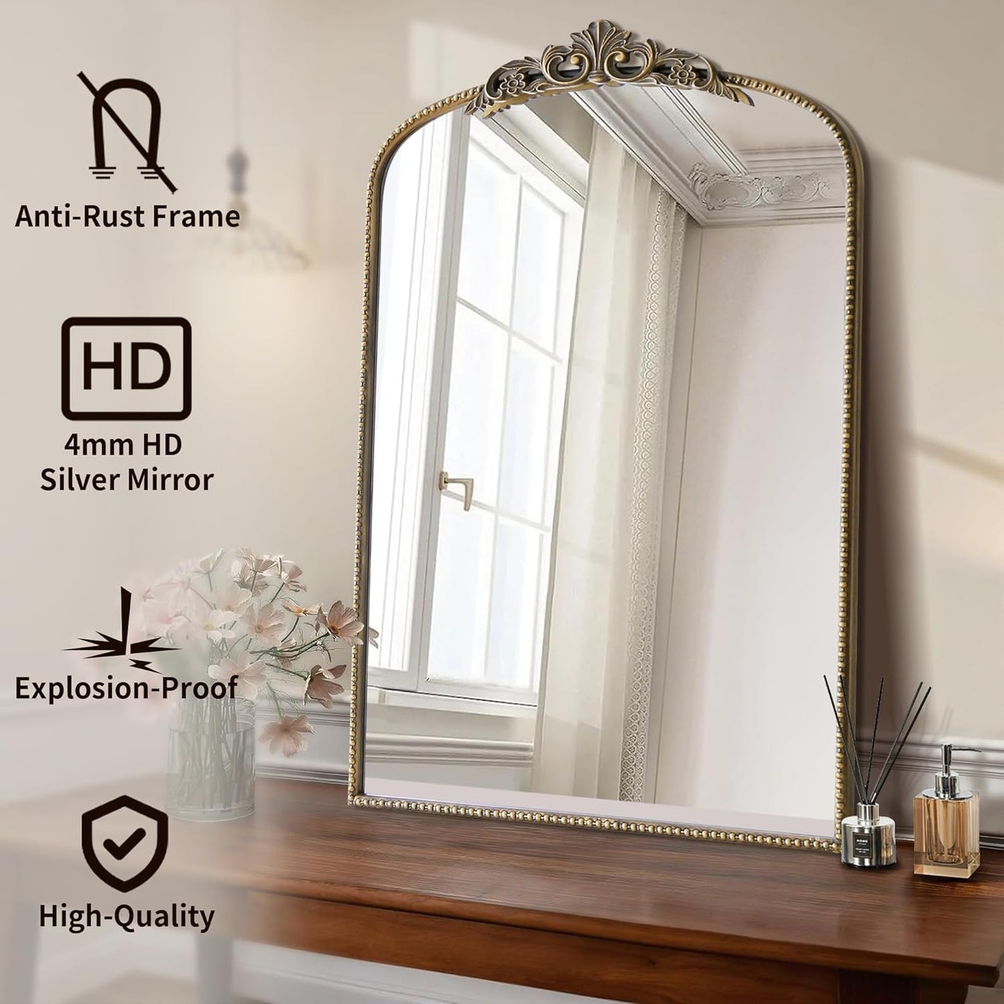 Micasso Ornate Antique Gold Mirror: 24"x 36" French Baroque Arched Mirror - Traditional Vintage Mirrors for Wall/Mantel/Entryway/Bathroom/Hallway - Home Decor for Living Room