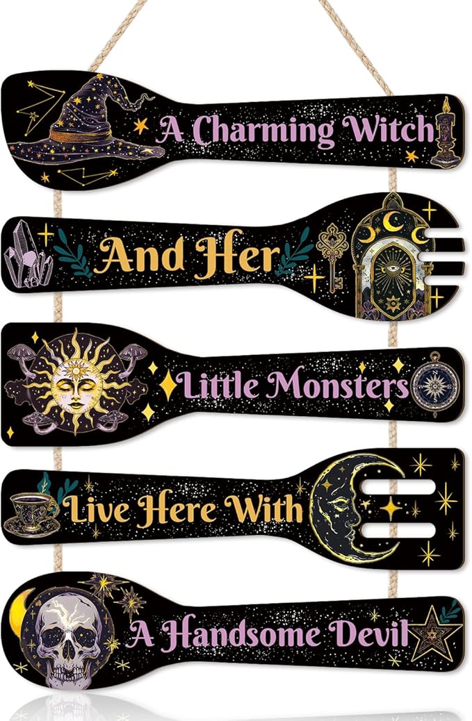 TOARTi Halloween Witch Kitchen Wood Wall Decor(11.4x17), Rustic Spoon Shaped Witchy Wall Art Hanging Sign, Gothic Aesthetic Witchcraft Wooden Plaque for Home Kitchen Front Porch Office Door