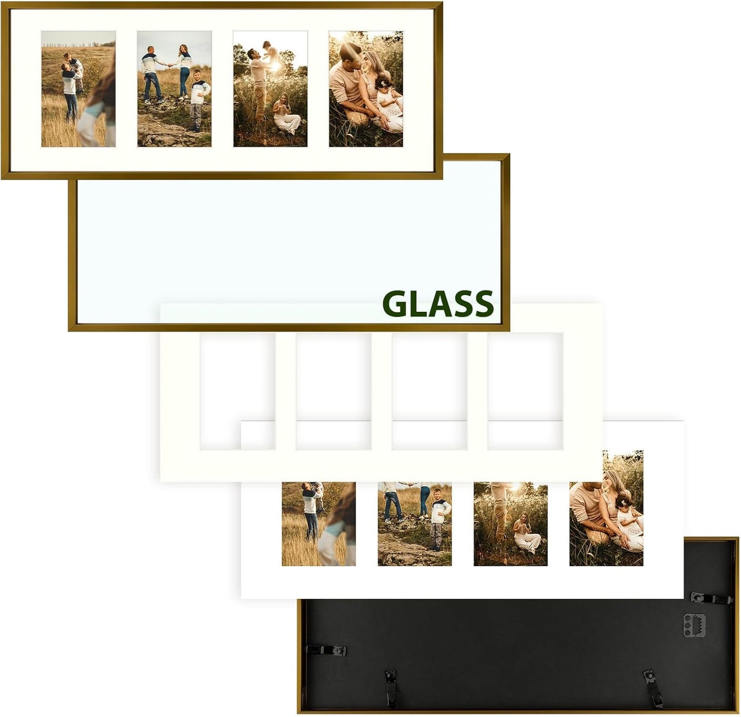 Frametory - 8x20 Aluminum Collage Picture Frame - Display 4x6 Pictures with 4 Openings Mat - Real Glass Front - Horizontal/Vertical Wall Mount - Bronze 1 Pack