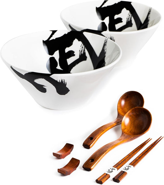 Japanese Ceramic Ramen Bowl Set, 60oz Large Ramen Bowls with Chopsticks, Spoons and Chopstick Rests – Bowl for Ramen, Pho, Salad, Poke, Soup, Udon – Minimalist Design, Premium Quality, White