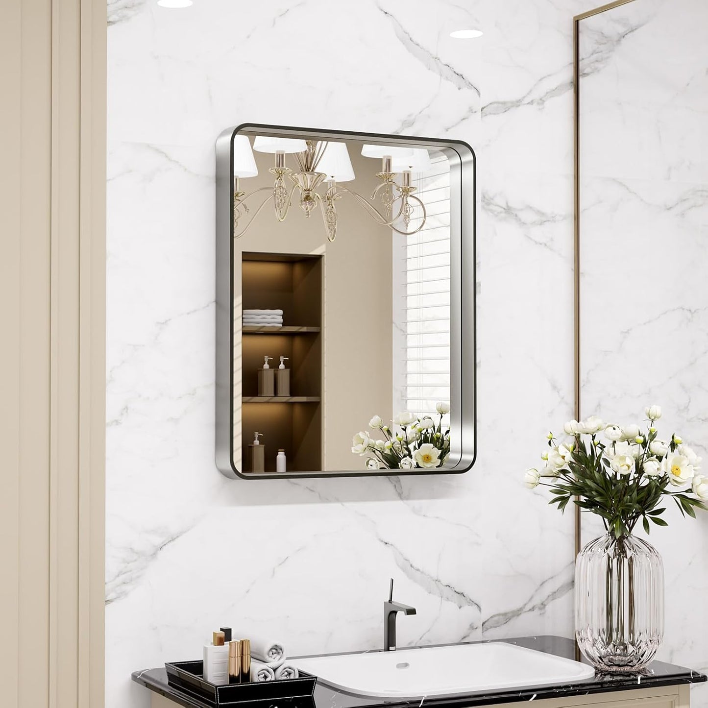 LOAAO 20x16 Inch Brushed Nickel Bathroom Mirror, Rounded Rectangle Silver Metal Frame Mirror, Brushed Nickel, Anti-Rust, Shatter Proof, Hangs Horizontally or Vertically