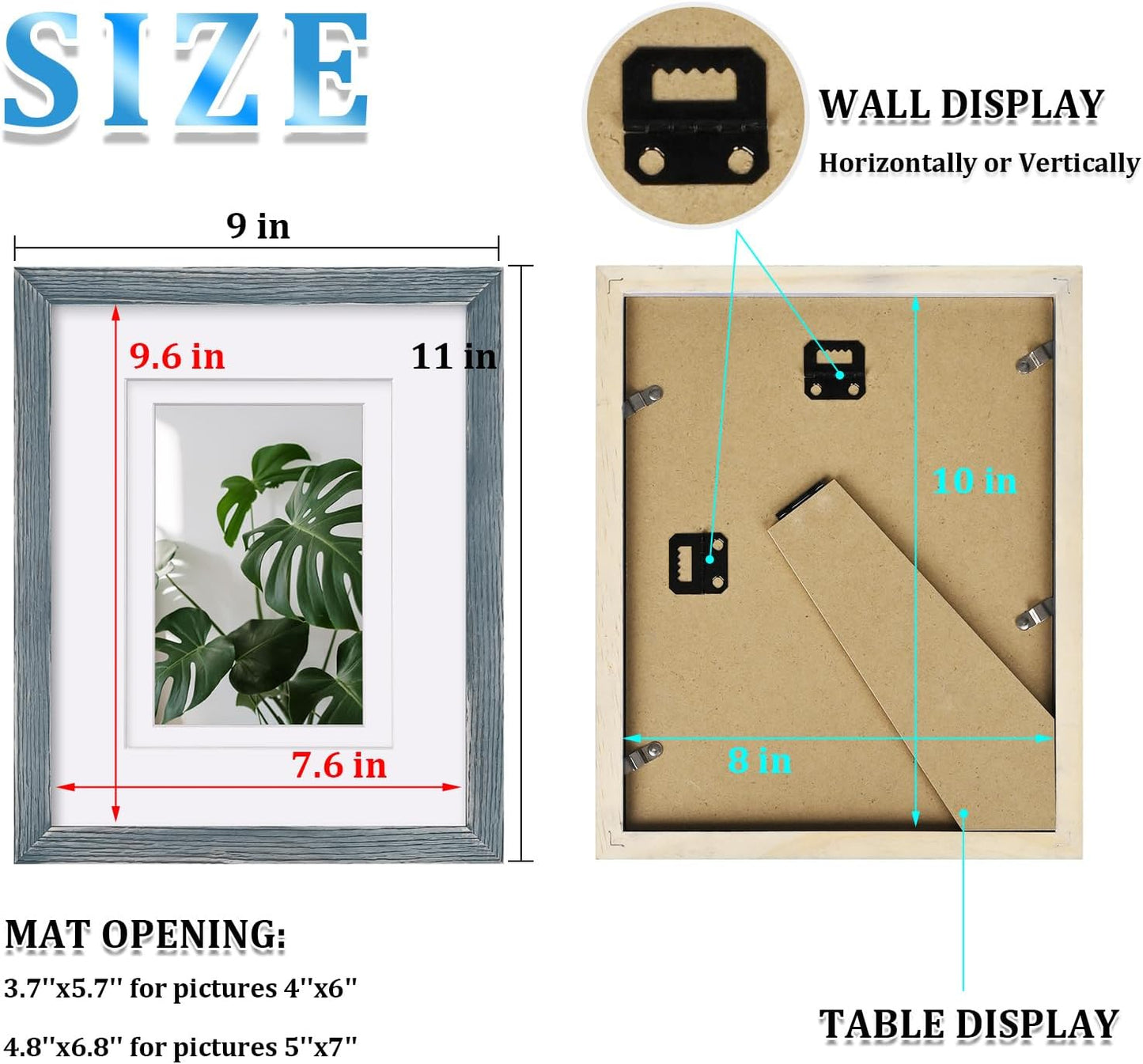 Egofine 8x10 Picture Frames Set of 4, Made of Solid Wood Covered by Plexiglass 4x6 and 5x7 with Mat or 8x10 without Mat, for Table Top Display and Wall Mounting Photo Frame Rustic Blue