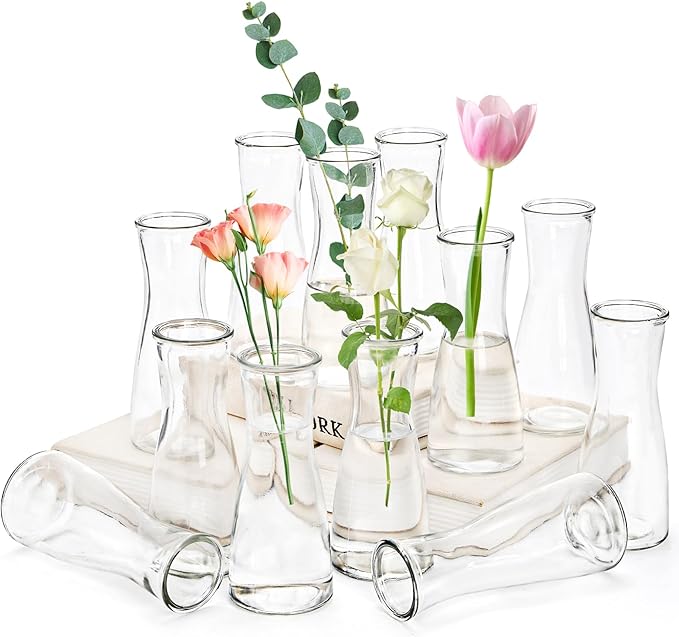 Set of 12 Glass Bud Vases, Clear Small Vases for Flowers Centerpieces, Minimalist Decorative Bulk Vases for Wedding, Birthday, Events, Dining Room Decor