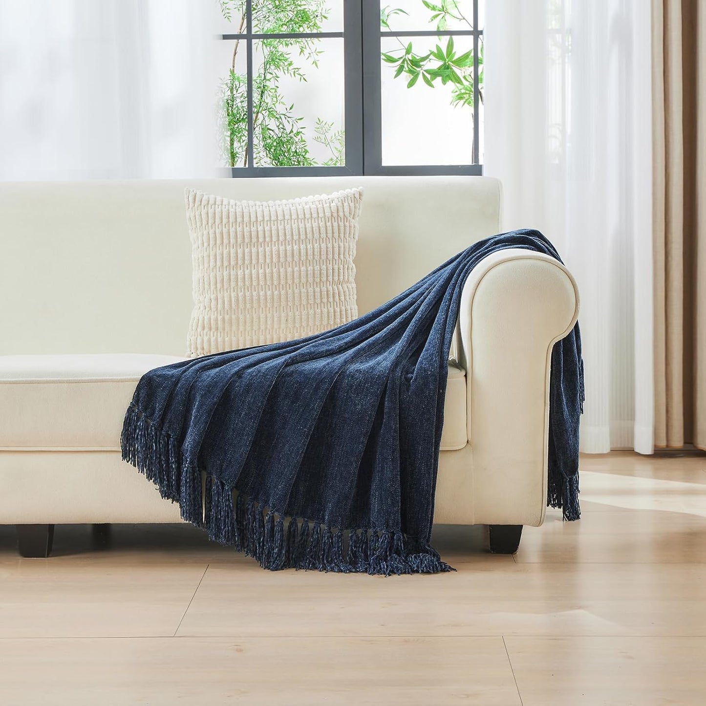 CozeCube Chenille Throw Blanket for Couch, Cozy Plush Fuzzy Decorative Navy Blue Blanket with Fringe Tassels, Lightweight Throws for Bed Sofa Gift Home Decor, 50"X60"