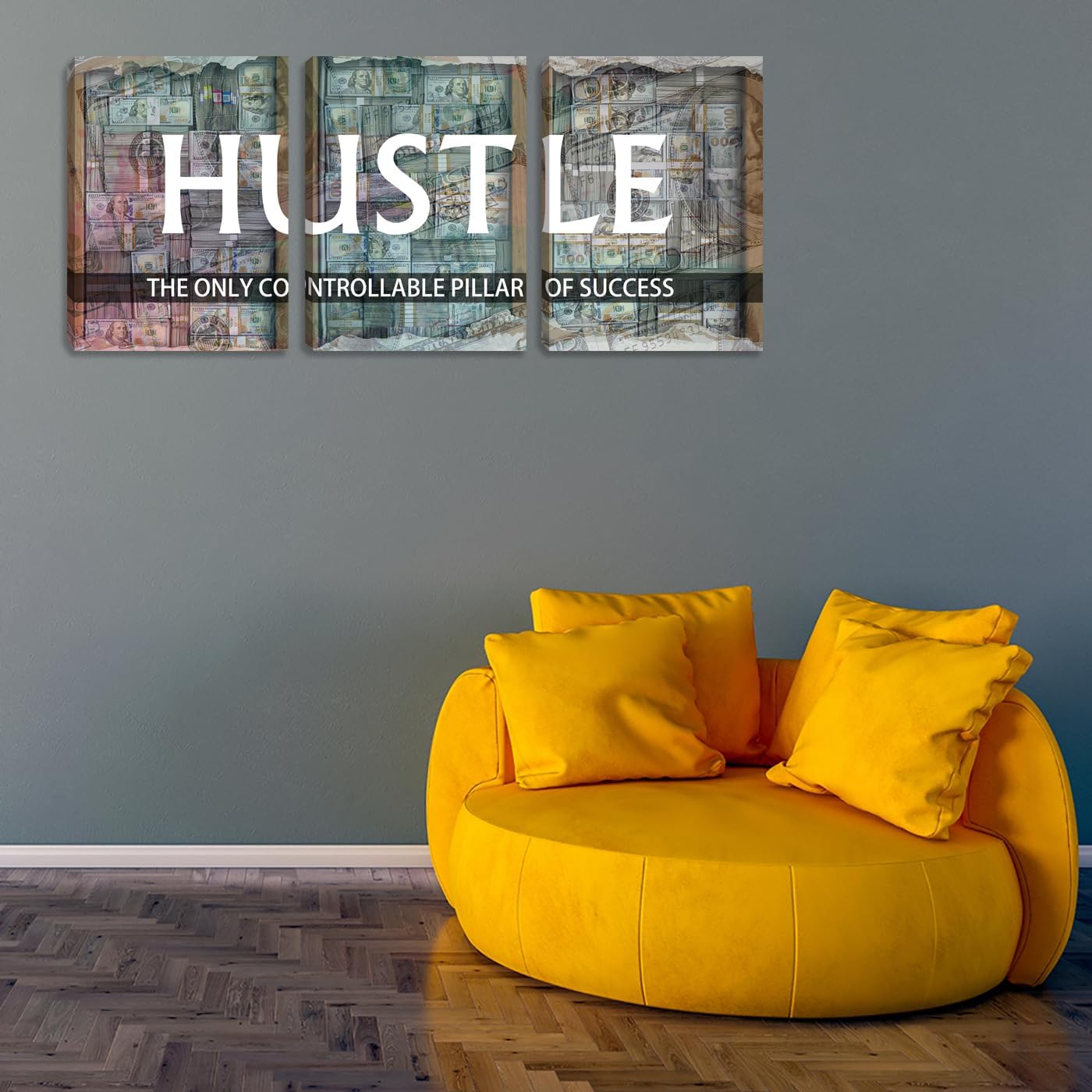 Inspirational Hustle Positive Quote Wall Art Canvas Painting Wall Art 3 Pieces Motivational Poster Office Wall Decor Poster Picture Framed Artwork Prints Art for Living Room Bedroom (48" Wx24 H)
